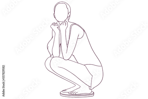 happy girl sitting on a scale hand drawn style vector illustration