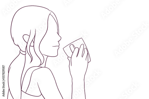 beautiful girl drink a cup of coffe hand drawn style vector illustration
