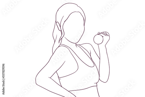 young fitness woman holding dumbell hand drawn style vector illustration