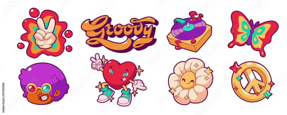 Set of vintage groovy stickers isolated on white background. Vector illustration of colorful funky badges in form of butterfly, peace sign, heart, flower, vinyl player and male hippie character
