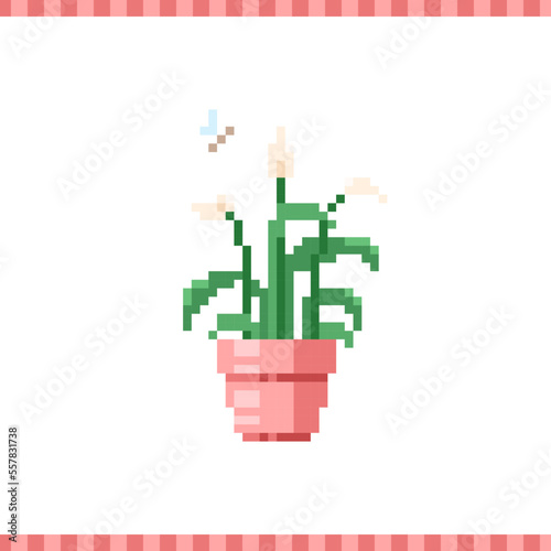 8 bit pixel art lily flower. Retro 90s game icon of peace lily flower in a pot. Vector modern home flower in flowerpot for game, sticker and print. 