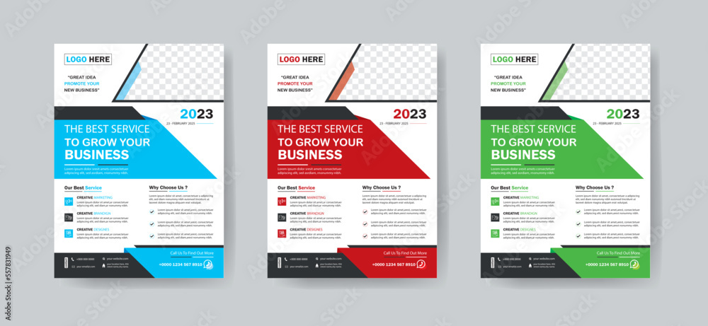 Business flyer template design set with blue, orange, red and yellow color. marketing, business proposal, promotion, advertise, publication, cover page. new digital marketing flyer set.