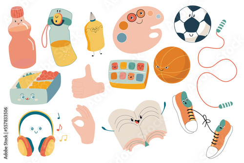 Set of Cute School Supplies -  bottle, lunchbox, watercolor, ball, headphones, book, sneakers. Vector, kawaii