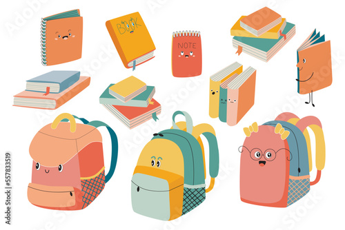 Set of Cute School Supplies - books, notebooks, bags. Vector, kawaii