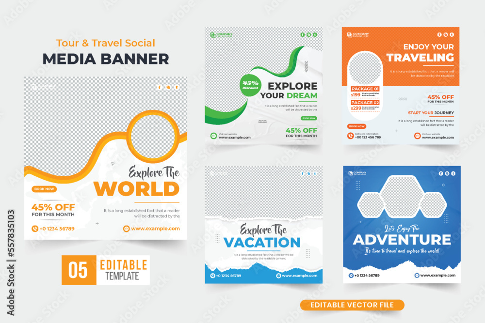 Tour and travel social media post set vector with yellow and blue colors. Travel agency promotion poster collection with abstract shapes. Vacation management agency web banner bundle design.