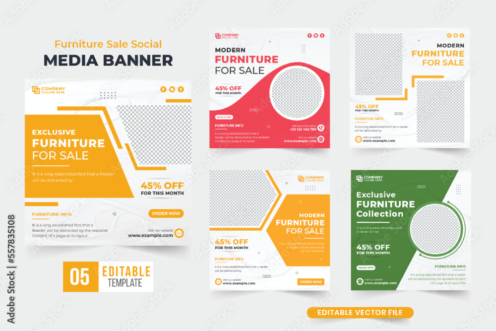 Exclusive furniture sale social media post bundle with creative shapes. Furniture business promotional poster collection for marketing. Furniture sale discount template set with photo placeholders. Exclusive furniture sale social media post bundle with creative shapes. Furniture business promotional poster collection for marketing. Furniture sale discount template set with photo placeholders.