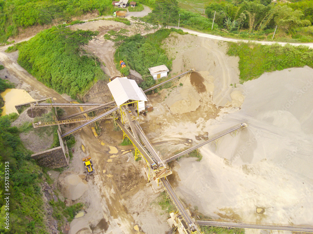 Abstract Defocused Blurred Background Aerial view of sand and stone mining in Cikancung area - Indonesia. Not Focus