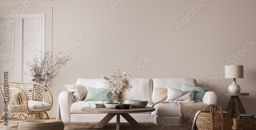 Fototapeta Naklejka Na Ścianę i Meble -  Scandinavian living room mockup with beige walls and natural wood accents, simple furniture with white sofa and mint green pillows, 3d render 