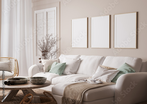 Scandinavian living room mockup with beige walls and natural wood accents, simple furniture with white sofa and green pillows, 3d render 