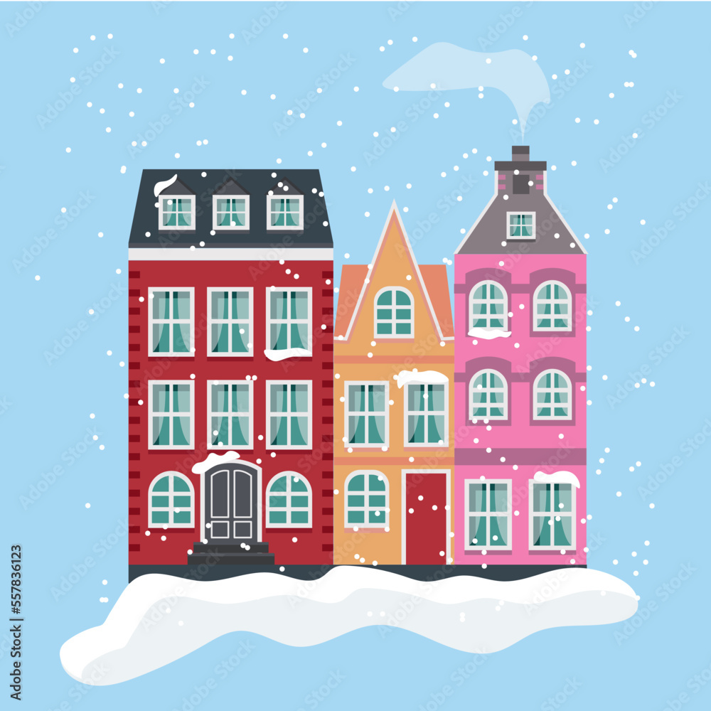 Vector image of old, Scandinavian, multi-storey houses in the snow on a winter day, it is snowing around on a blue background. Graphic design.