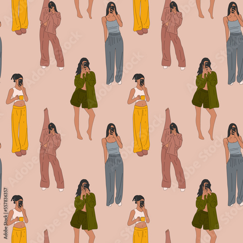 Seamless pattern with Set  Beautiful young women taking selfie in pajamas. Hand drawn vector illustration. Cartoon style.	