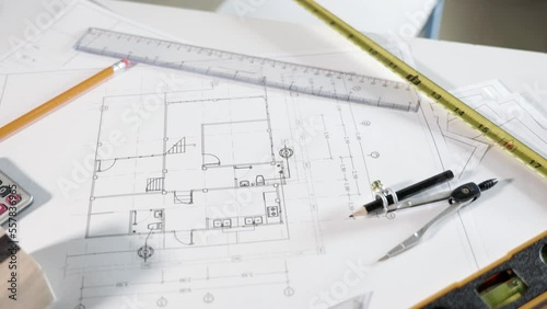 Architectural project workplace. Top view of house plan blueprint paper with repair tools on table desk at architecture office, Engineering architect design tools concept