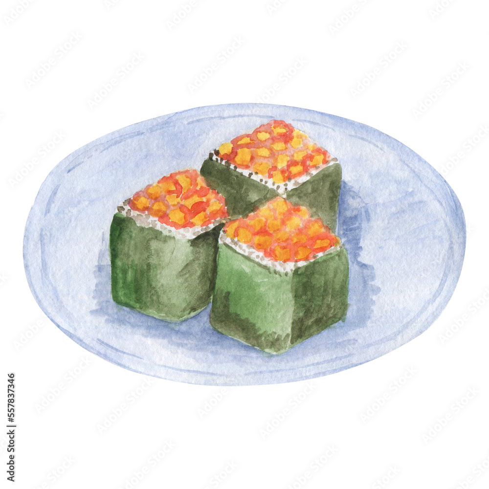 Rolls. A kind of sushi. Twisted rice with red caviar. Japanese dish. Traditional oriental cuisine. Rolls. A kind of sushi. Twisted rice with red caviar. Japanese dish. Traditional oriental cuisine.