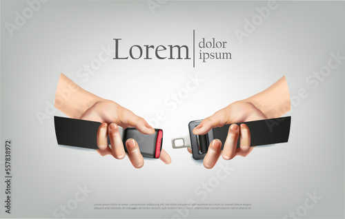 3d realistic vector illustration. Horizontal orientation. Hands fastening seat belt. Warning driving banner on gray background.