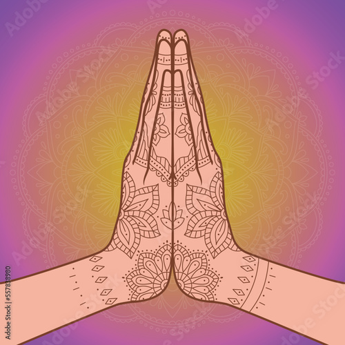 Mudra Namaste. Ornate hands folded in a welcome gesture. Mehendi - henna ornament on body. Vector illustration
