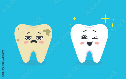 Cartoon sick and healthy teeth. Kawaii teeth with faces. Vector illustration