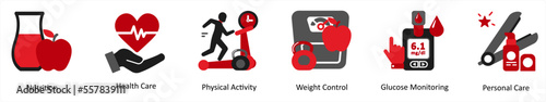 Six medical icons in red and black as nutrition, health care, physical activity