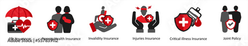 Six insurance icons in red and black as life insurance, parents health insurance, invalidity insurance
