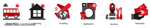 Six medical icons in red and black as transportation, housing, travelling
