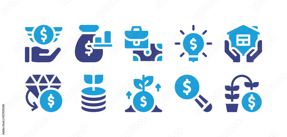 Investment icon set. Duotone color. Vector illustration. Containing savings, bar chart, business, idea, home, investment, debt.