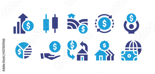 Investment icon set. Duotone color. Vector illustration. Containing profit  candle  land  money exchange  burden  pie cart  money  mortgage  residential.