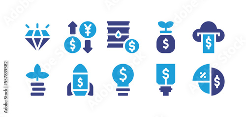 Investment icon set. Duotone color. Vector illustration. Containing diamond, exchange rate, oil, profits, crowdfunding, growth, launch, idea, pie chart.