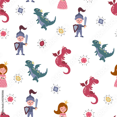 Seamless pattern with princess  knight and dragon. Design for fabric  textile  wallpaper  packaging. 