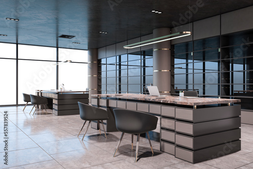 Perspective view on modern interior design huge work tables with customer chairs in spacious office with dark ceiling, city view from panoramic window and mirror walls background. 3D rendering