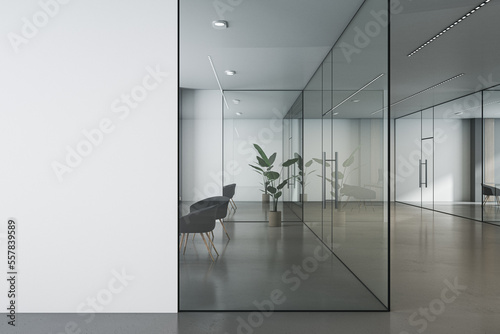 Fotografia Front view on blank white wall background with space for your advertising poster in stylish minimalistic style office with transparent walls, concrete floor and stylish furniture