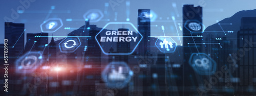 Green eco energy icons on modern metropolis background