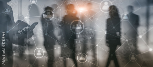 Social media. People relation and organization structure. Business and communication technology concept. Background with silhouettes