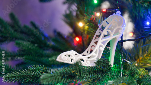Decoration of the New Year tree with Christmas tree toys, background.