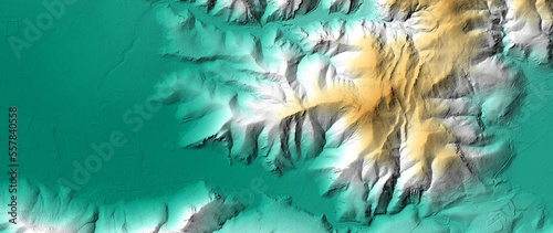 Concept de fond - Erosion - Vue aérienne de paysage vallonné territoire montagneux - Rendu 3d modèle numérique de terrain avec colorisation hypsométrique