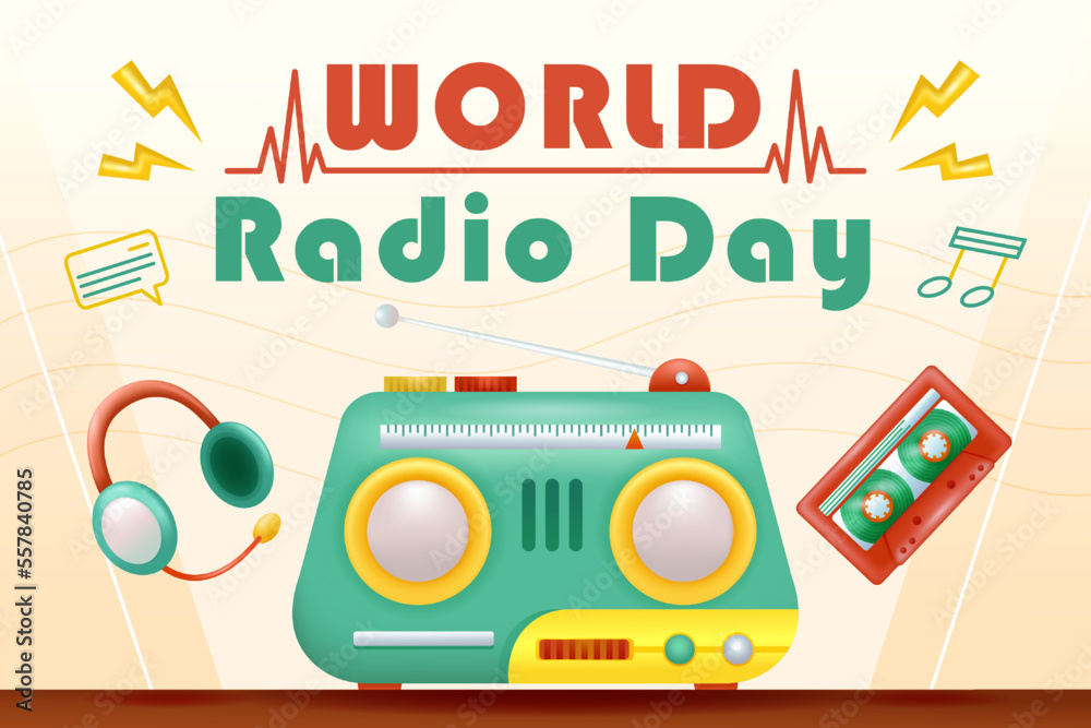 Obraz premium World Radio Day. 3d illustration of radio, headset and cassette