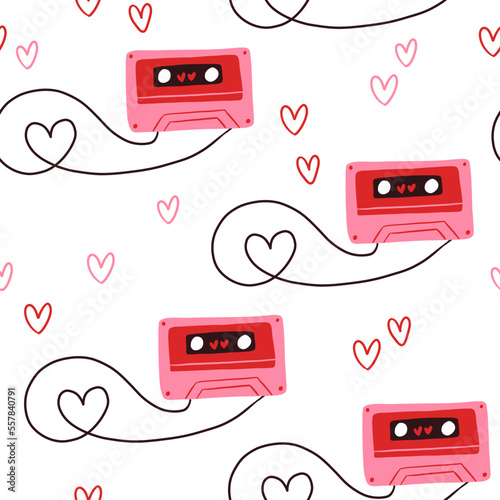 Trendy illustrated Valentines day pattern. Happy hearts and audio tape in style of 90's. Pink love vintage pattern design. Love and Valentines day concept. Modern art for web and print.