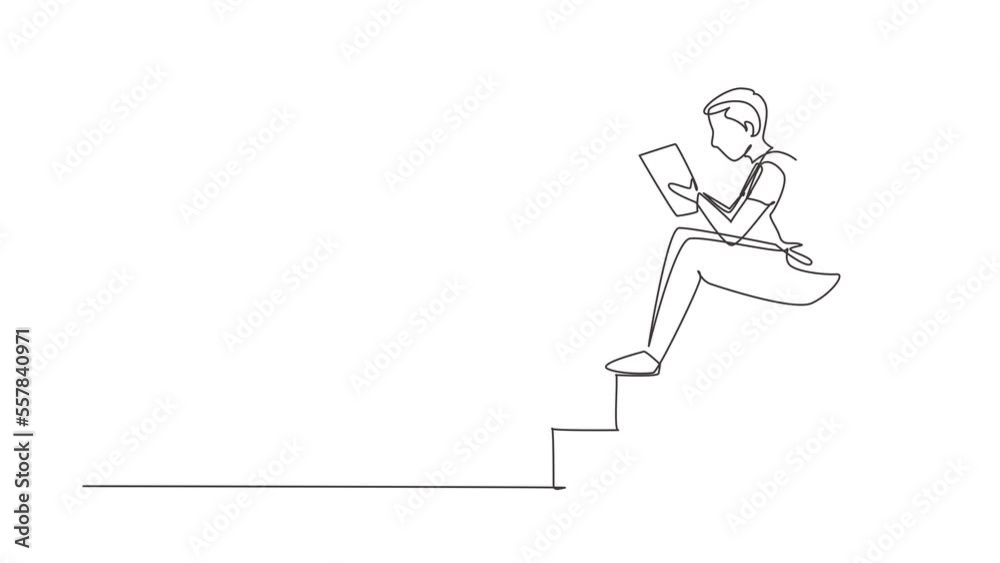 Animated self drawing of continuous line draw modern young man reading book sitting on stairs. Smart male reader enjoying literature or studying, preparing for exam. Full length single line animation Animated self drawing of continuous line draw modern young man reading book sitting on stairs. Smart male reader enjoying literature or studying, preparing for exam. Full length single line animation