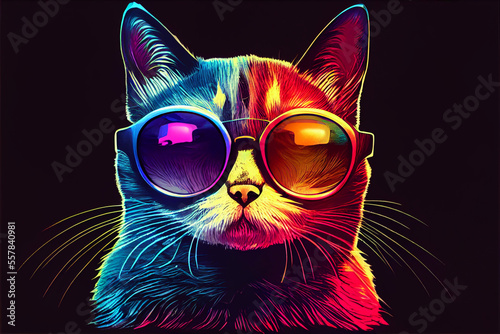 Colorful acid cat in sunglasses illustration © Daria