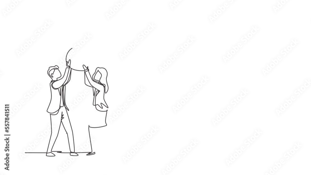 Self drawing animation of single line draw businessman businesswoman lift up key, symbol of success. Male female hold key. Partnership can lead to success. Continuous line draw. Full length animated Self drawing animation of single line draw businessman businesswoman lift up key, symbol of success. Male female hold key. Partnership can lead to success. Continuous line draw. Full length animated