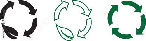 Biodegradable recyclable icons, leaf and arrow vector eco and bio label. Organic recyclable, plastic free and eco friendly degradable package stamp