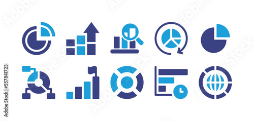 Charts and diagrams icon set. Duotone color. Vector illustration. Containing pie chart, bar chart, circular diagram, graph, goal, donut chart.