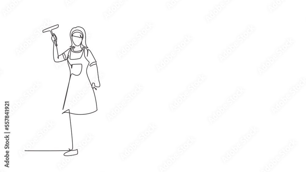 Animated self drawing of continuous line draw cleaning staff is wiping the window with brush. Concept of woman cleaning windows from dust in different premises. Full length single line animation Animated self drawing of continuous line draw cleaning staff is wiping the window with brush. Concept of woman cleaning windows from dust in different premises. Full length single line animation