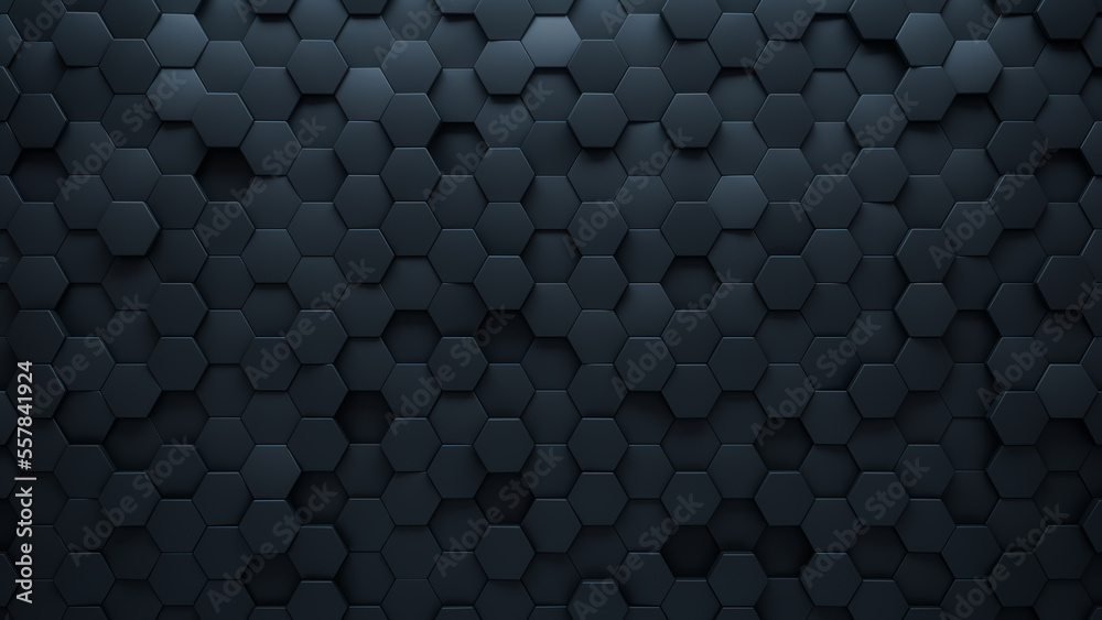 Hexagonal, Polished Wall background with tiles. Black, tile Wallpaper with Semigloss, 3D blocks. 3D Render Hexagonal, Polished Wall background with tiles. Black, tile Wallpaper with Semigloss, 3D blocks. 3D Render