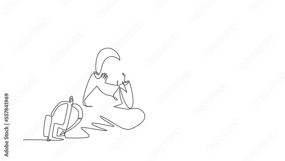 Self drawing animation of single line draw Arab woman reading book sitting on floor. Smart female reader enjoying literature, studying preparing for exam. Continuous line draw. Full length animated Self drawing animation of single line draw Arab woman reading book sitting on floor. Smart female reader enjoying literature, studying preparing for exam. Continuous line draw. Full length animated