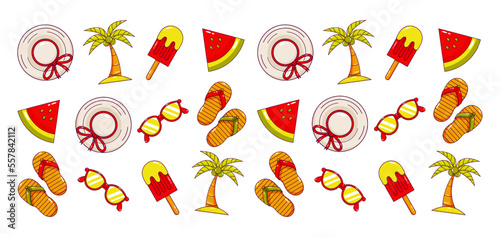 Summer holiday. Hat, glasses, ice cream, sandals, coconut tree and watermelon icon pattern