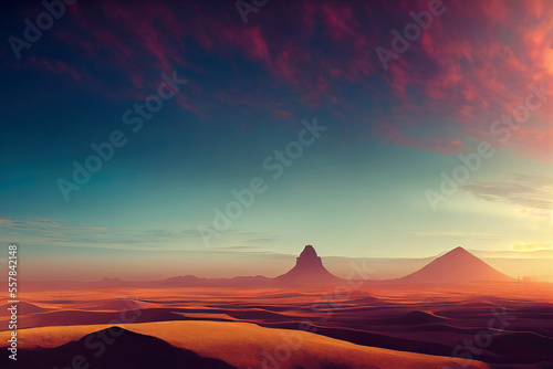 Beautiful mexican desert with mountains in red sunlight (Generative AI)
