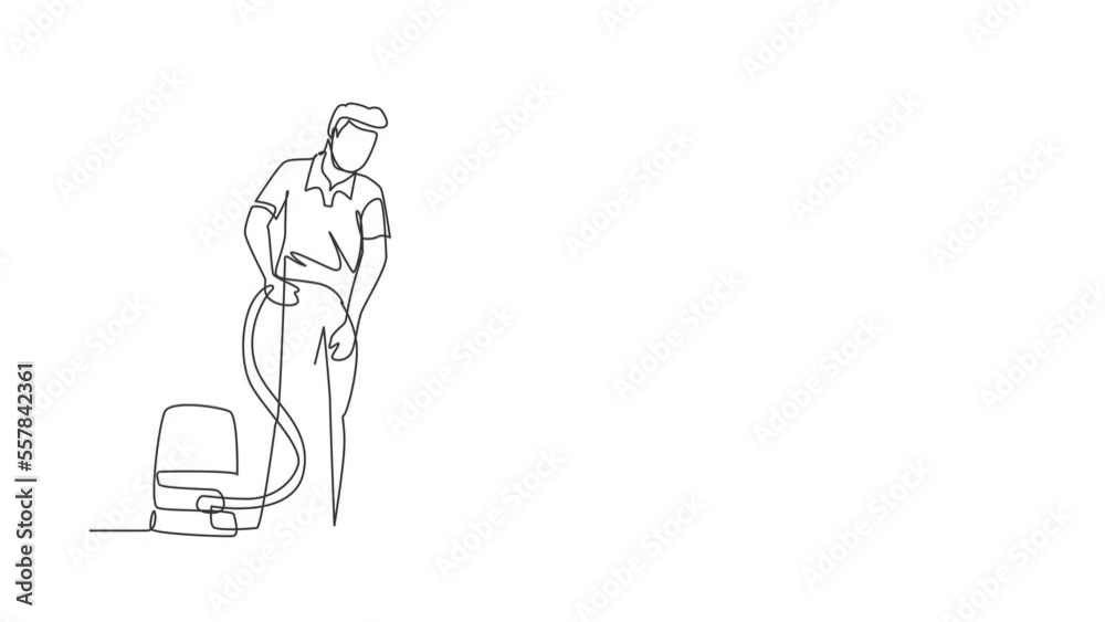 Self drawing animation of single line draw male busy janitor vacuum cleaning indoors, floor office cleaning,, happy, wearing uniform, protective gloves. Continuous line draw. Full length animated Self drawing animation of single line draw male busy janitor vacuum cleaning indoors, floor office cleaning,, happy, wearing uniform, protective gloves. Continuous line draw. Full length animated