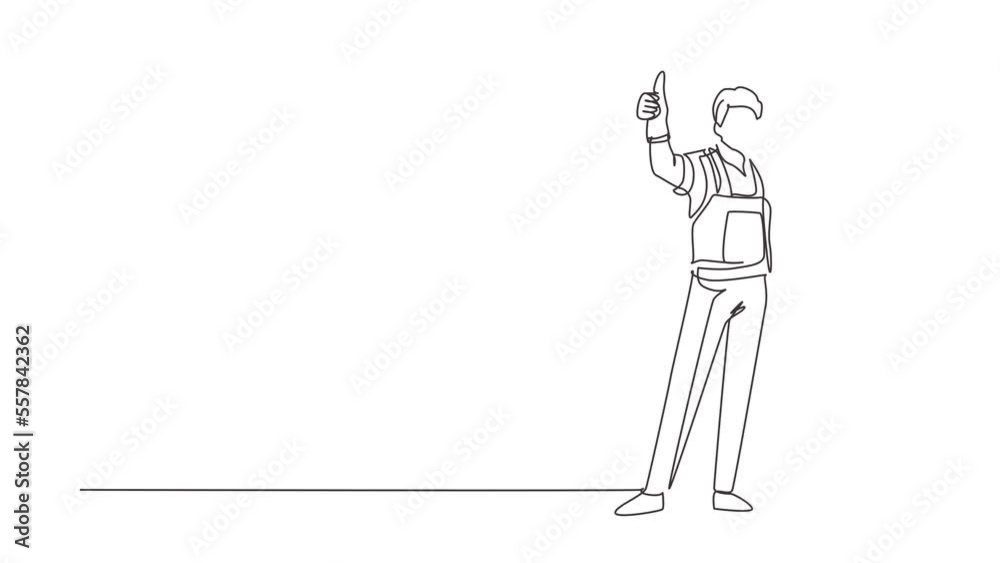 Animated self drawing of continuous line draw male cleaning company staff member holding broom and showing thumbs up gesture. Happy cleaning. Cleaning company logo. Full length one line animation Animated self drawing of continuous line draw male cleaning company staff member holding broom and showing thumbs up gesture. Happy cleaning. Cleaning company logo. Full length one line animation