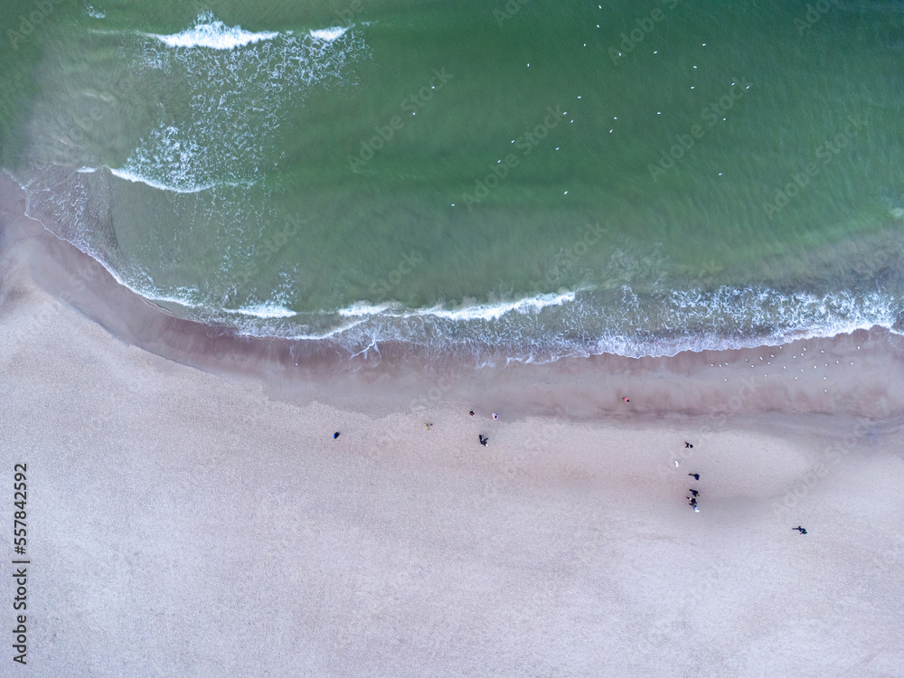 Snowy beach at Baltic sea in winter. Tourism in Poland. Aerial view of nature seashore and walking people.