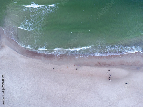Obraz na płótnie Snowy beach at Baltic sea in winter. Tourism in Poland. Aerial view of nature seashore and walking people. w salonie