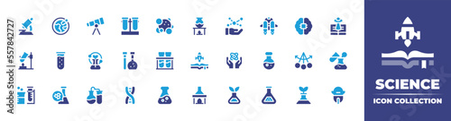 Science icon collection. Duotone color. Vector illustration. Containing microscope, orbit, telescope, test tube, staphylococcus, experiment, hand, jetpack, ai, science fiction, flask, and more.